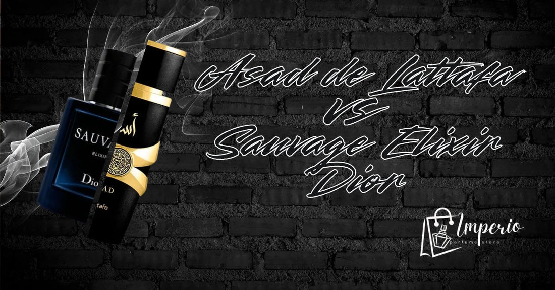 asad lattafa versus dior sauvage elixir , fondo negro, 